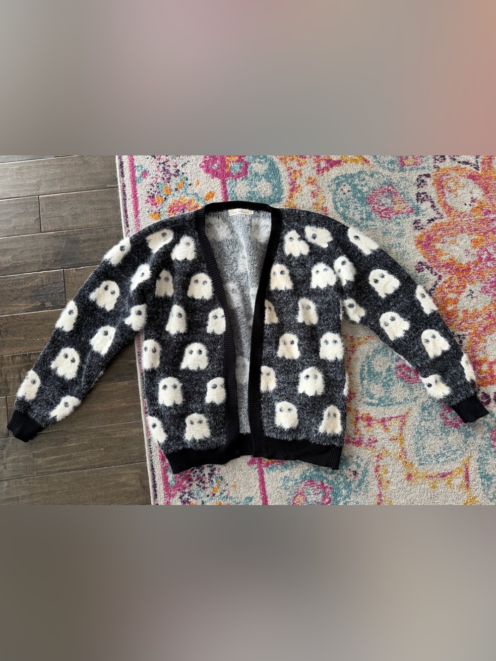 Cozy Ghost Pattern Open-Front Cardigan - Black & White